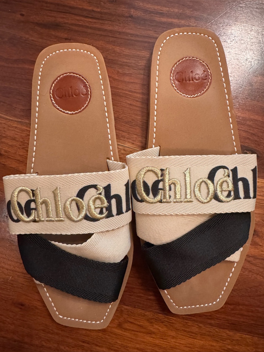 Beige black gold Sandals flats 9 logo